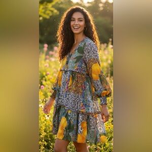Cottagecore Lemon Patchwork Midi Dress –Boho, size M